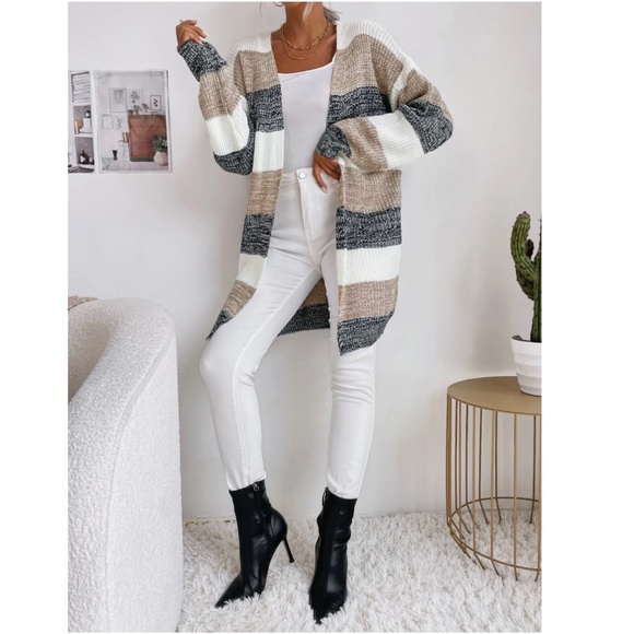 Colorblock Stripes Open Knit Cardigan Knee Length - Picture 5 of 9